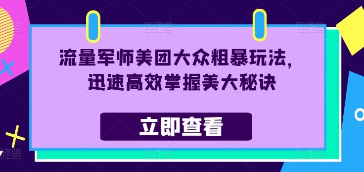 流量军师美团大众粗暴玩法，迅速高效掌握美大秘诀-泡芙轻资产网创