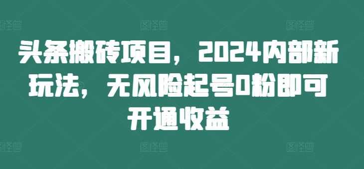 头条搬砖项目，2024内部新玩法，无风险起号0粉即可开通收益-泡芙轻资产网创