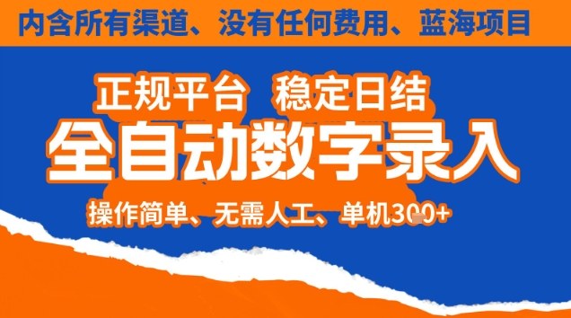 全自动数字录入，单机日入3张+，内含所有渠道全程免费零成本，操作简单可矩阵开干【揭秘】-泡芙轻资产网创